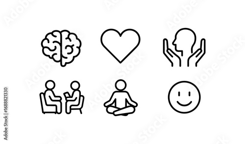 Mental health icons: brain, heart, mindfulness, therapy, meditation, happiness