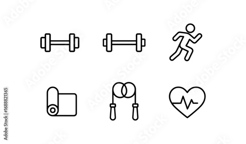 Minimalist fitness icons: dumbbells, running, yoga, jump rope, heartbeat