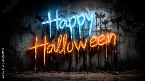 A Halloween banner Happy Halloween 2026 wallpaper hd realistic with neon Halloween typography and graffiti wall