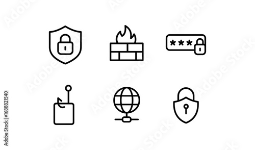 Cybersecurity icons set: secure lock, firewall, password, fishing hook, network, shield