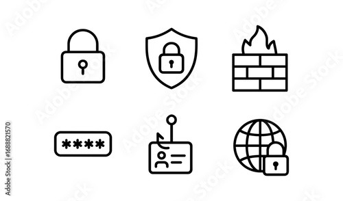 Cybersecurity icon set: lock, shield, firewall, password, phishing, global security
