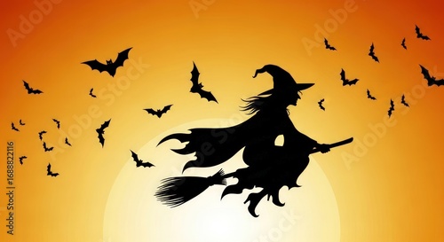 Eerie witch flying on broomstick with bats silhouetted against a spooky orange Halloween sunset sky