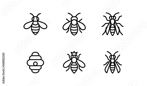Minimalist bee and hive icons set in linear style