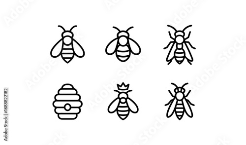 Set of minimalist bee and beehive icons in linear style for nature-themed designs