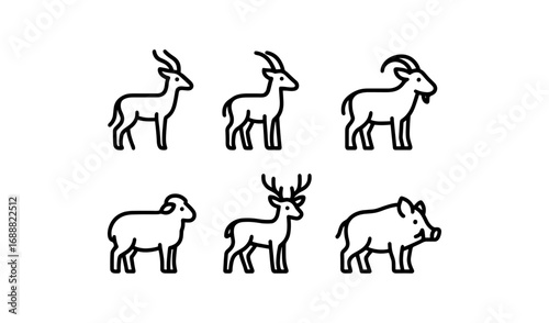 Minimalist animal line art: deer, goat, ram, boar silhouettes