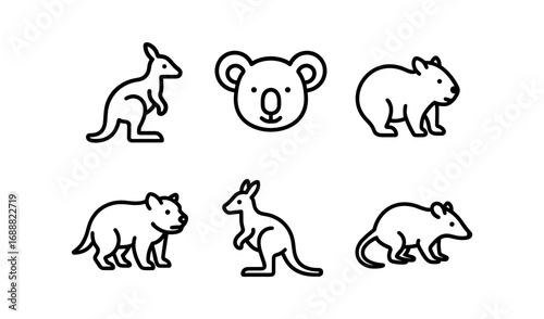 Simple outline icons of australian animals featuring kangaroo, koala, wombat, and tasmanian devil in minimalist design