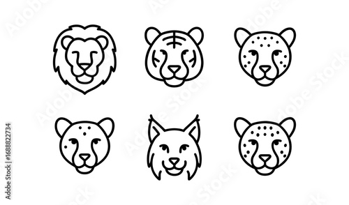 Minimalist animal faces in line art style: lion, tiger, cheetah, lynx icons