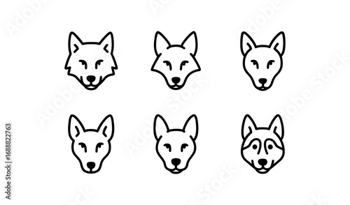 Minimalist animal head icons: wolf, fox, dog line art collection