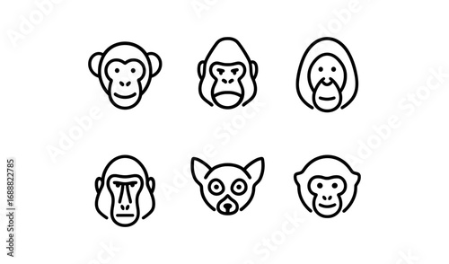 Linear animal faces collection: monkeys, gorillas, and more
