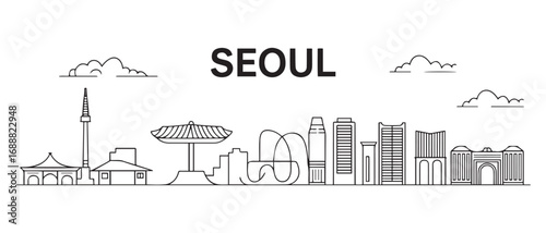 Seoul Line Art skyline. Travel Seoul famous landmarks. Business and tourism concept for presentation, banner, web site. with white background