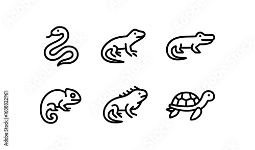 Linear reptile icons: snake, lizard, crocodile, chameleon, iguana, turtle