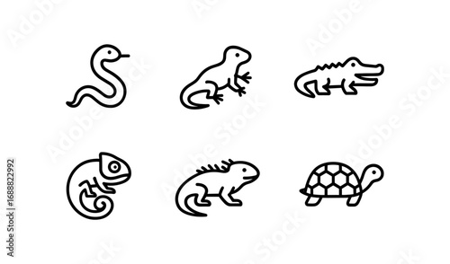 Simple black line icons of reptile animals including snake, lizard and turtle