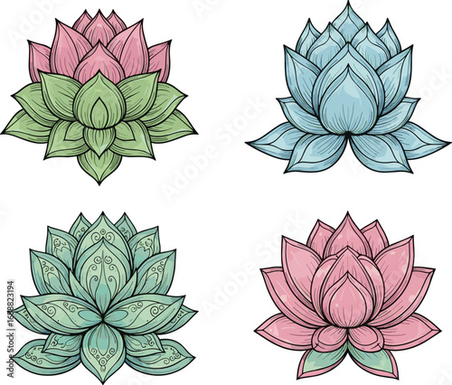 Colorful lotus flower vector set, pink blue green floral design, decorative mandala style petals, isolated botanical illustration, ornamental nature art for stock images