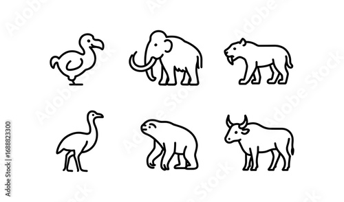 Extinct animals line art: dodo, mammoth, saber tooth, and more