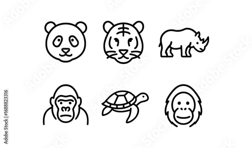 Minimalist animal icons set featuring panda, rhino, tiger, and more