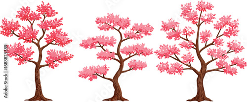Stylized pink trees illustration, cherry blossom theme, spring nature art, decorative foliage design, seasonal landscape, vibrant botanical decor, serene garden concept