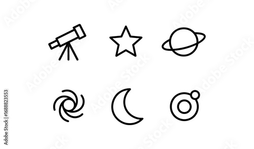 Space astronomy icons: telescope, star, planet, galaxy, moon, orbit in linear style