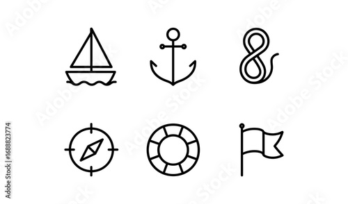 Minimalist nautical icons: sailboat, anchor, lifebuoy, and more