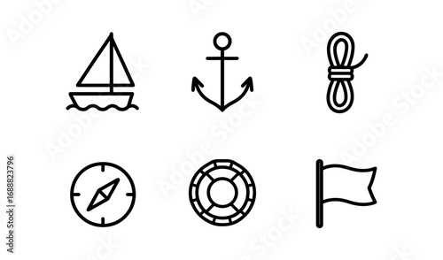 Nautical icon set with sailboat, anchor, rope, compass, lifebuoy, and flag in minimalist linear design