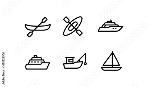 Minimalist nautical icons set: canoe, yacht, sailboat, submarine, and kayak