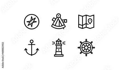 Minimalist nautical icons: compass, sextant, map, anchor, lighthouse, helm in line art