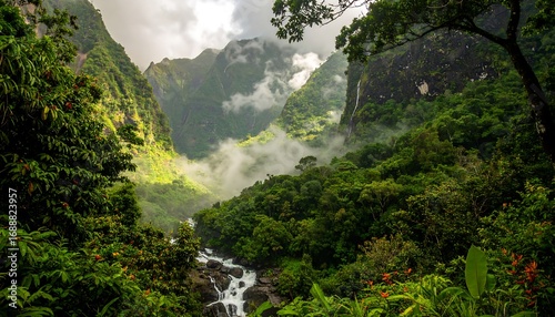 Lush valley with cascading waterfalls