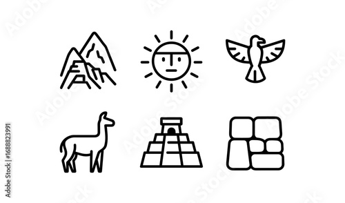 Ancient inca symbols: sun, mountains, llama, bird, pyramid, stone