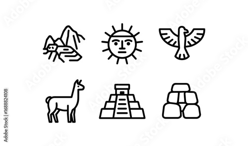 Ancient south american icons: inca sun, temple, and wildlife in linear style