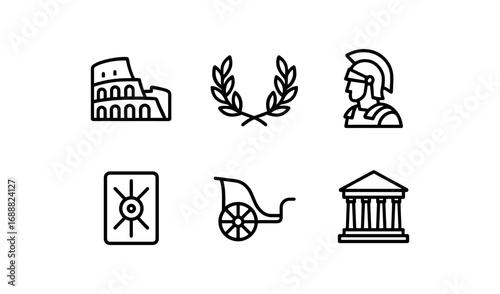 Ancient rome icons: colosseum, laurel wreath, helmet, shield, chariot, temple in linear style