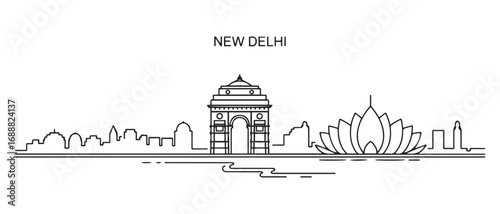 New Delhi skyline silhouette. Line Art Landscape New Delhi, India. Vector illustration. with white background