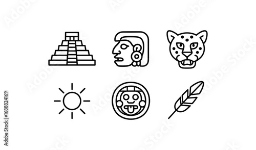 Ancient mayan symbols and icons: pyramid, deity, jaguar, sun, glyph, feather in linear style