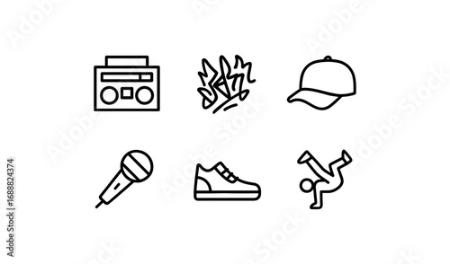 Urban culture icons: minimalist outline design featuring hip hop elements and graffiti