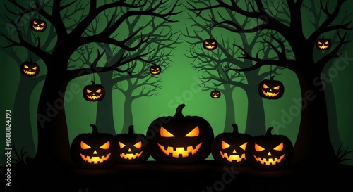 Spooky Halloween pumpkins glowing in a dark forest setting the mood for tricks and treats this season