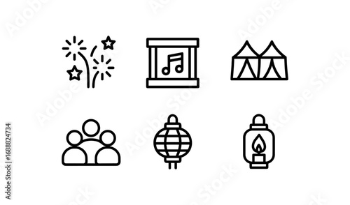Festival icons set: music, fireworks, lanterns in minimalist line art style