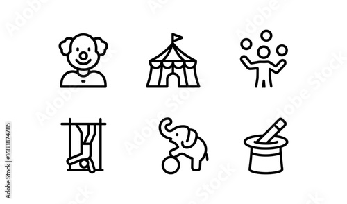 Icon set of circus elements: clown, tent, juggler, acrobat, elephant, and magic hat