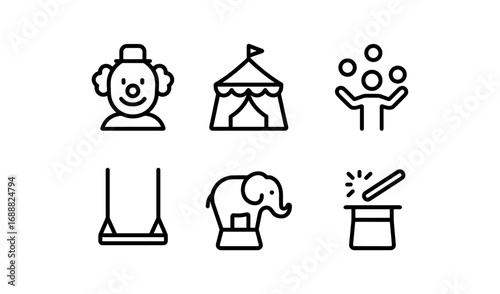 Circus icons in simple linear style featuring clown, tent, and elephant