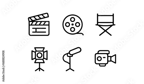 Linear film icons: clapper, reel, director chair, spotlight, microphone, camera