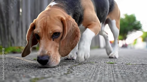 Curious dog sniffs the ground, exploring new scents on a pathway.