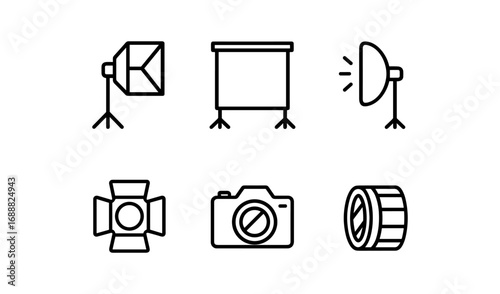 Photography equipment icons: camera, lights, lens, and backdrop in linear design