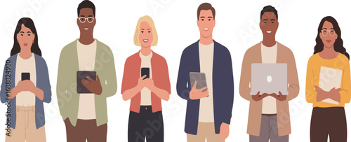 Illustration of people holding electronic devices and smiling