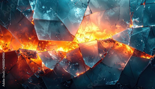 Abstract fractured ice with fiery orange flames within the shards.