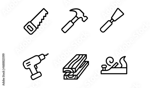 Set of six linear icons of woodworking tools