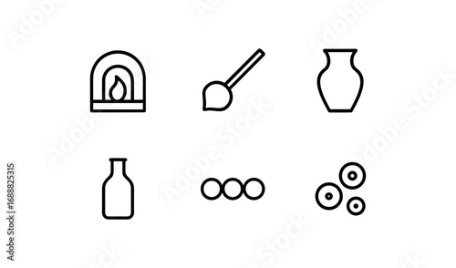 Minimalist pottery and ceramics icons set featuring tools and vases