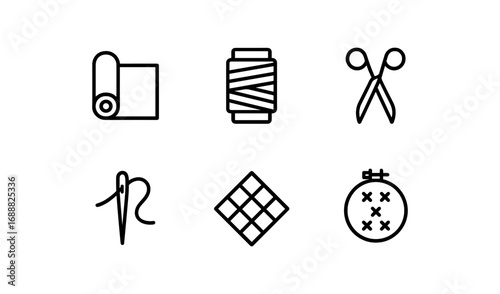 Simple sewing tools icons featuring thread, scissors, and needle in minimalist style