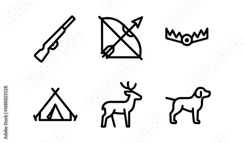 Linear hunting icons: bow, rifle, deer, tent, dog, trap