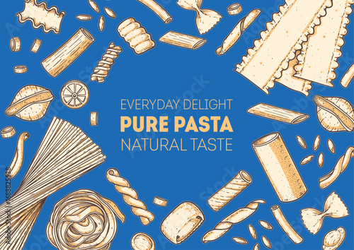 Traditional Italian pasta. Italian food. Hand drawn vector illustration. Background for packaging, menu. Top view. Not AI