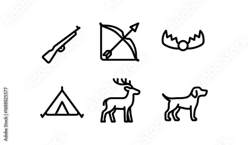 Hunting equipment and wildlife outline icons set for outdoor adventures