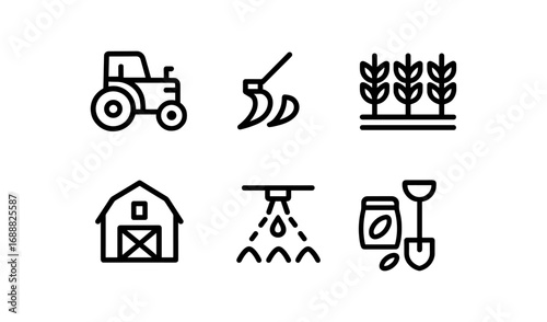 Linear farm icons set featuring tractor, barn, and crops for agricultural design