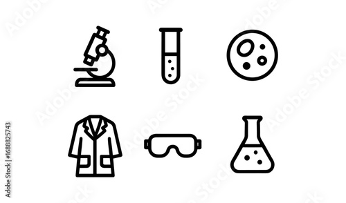 Science lab icons: microscope, test tube, bacteria, lab coat, safety goggles