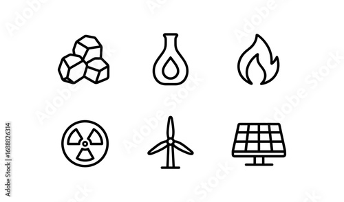Energy icons set featuring minimalist renewable and non-renewable energy sources